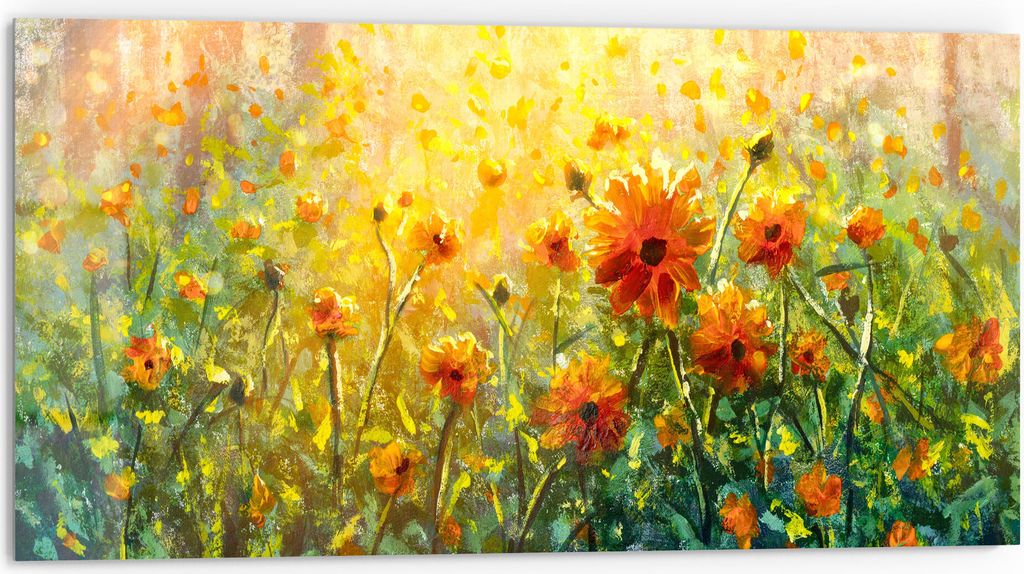 DEQORI Küchenrückwand Glas 80x40 cm 'Blumenwiese im Monet-Stil' Spritzschutz Bad Rückwand