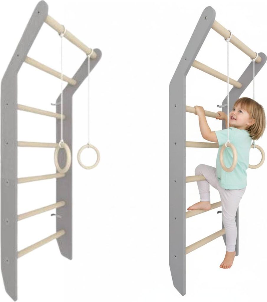 Sprossenwand Toddler Grau | Kinderzimmer Holz Kinder Klettergerüste Spielplatz indoor Turnringe Kletterwand