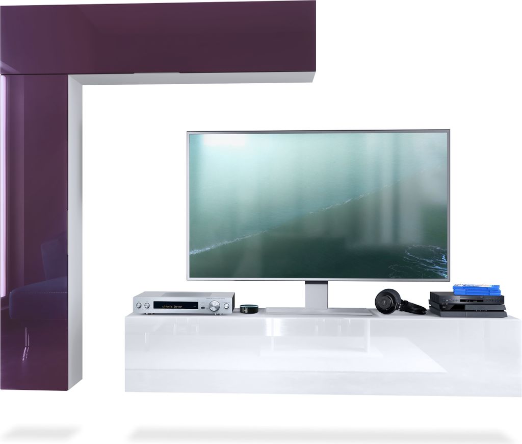 Vladon Wohnwand Taurito, Germany, Weiß matt/Brombeer Hochglanz - Moderne Anbauwand für Ihr Wohnzimmer (320 x 182 x 39 cm)