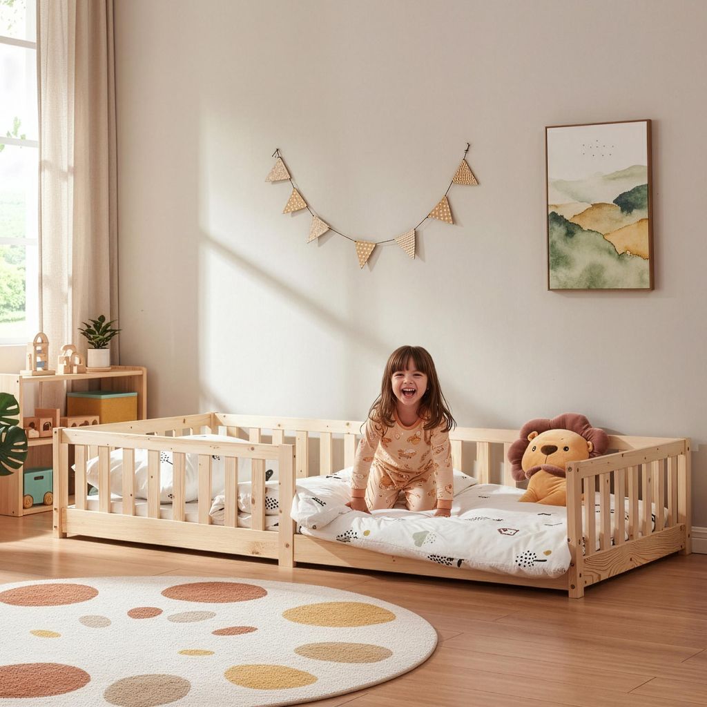Kinderbett ’Tanna‘ Bodenbett 90 x 200 cm Montessori Bett mit Rausfallschutz Kiefernholz Natur