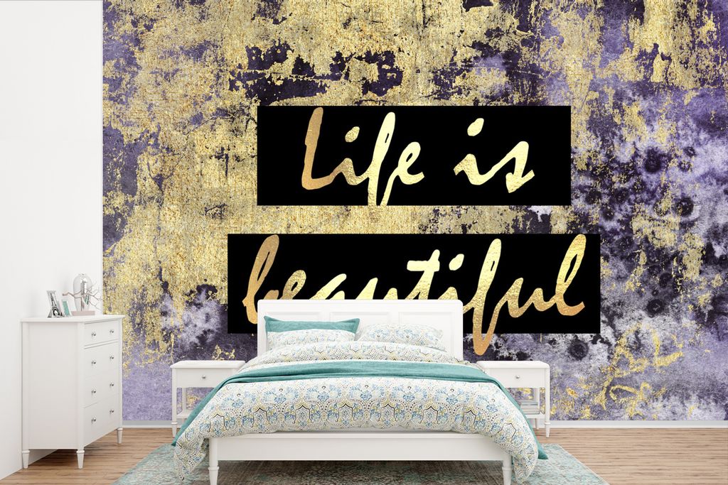 MuchoWow Fototapete für Wohnzimmer oder Schlafzimmer Wandtapete Vinyl Motivtapete Zitate - Leben - Gold - 330x220 cm - Fototapeten