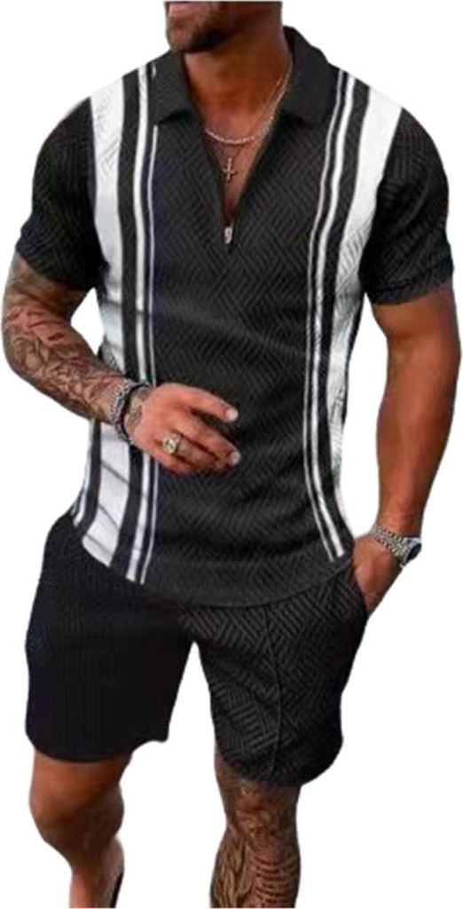 ASKSA Herren Sommer Trainingsanzug Polo Hemd Set Kurzarm T-Shirts und Shorts Outfit Freizeitanzug, Schwarz&Weisse Streifen, Groesse: L
