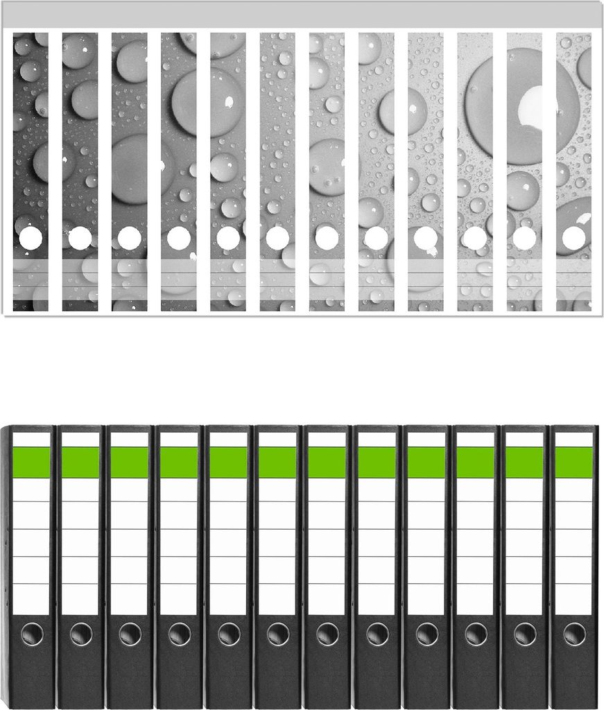 Wallario 12 Stück schmale Ordner inkl. Klebeetiketten mit Motive Wassertropfen in schwarz weiß - Set mit Rückenschildern / Ordnerrücken Stickern