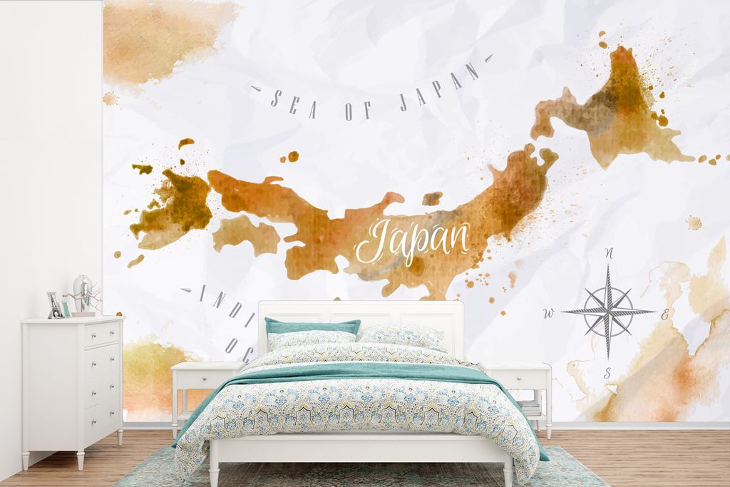 MuchoWow Fototapete für Wohnzimmer oder Schlafzimmer Wandtapete Vinyl Motivtapete Karte - Aquarell - Japan - 360x240 cm - Vinyl-Tapete