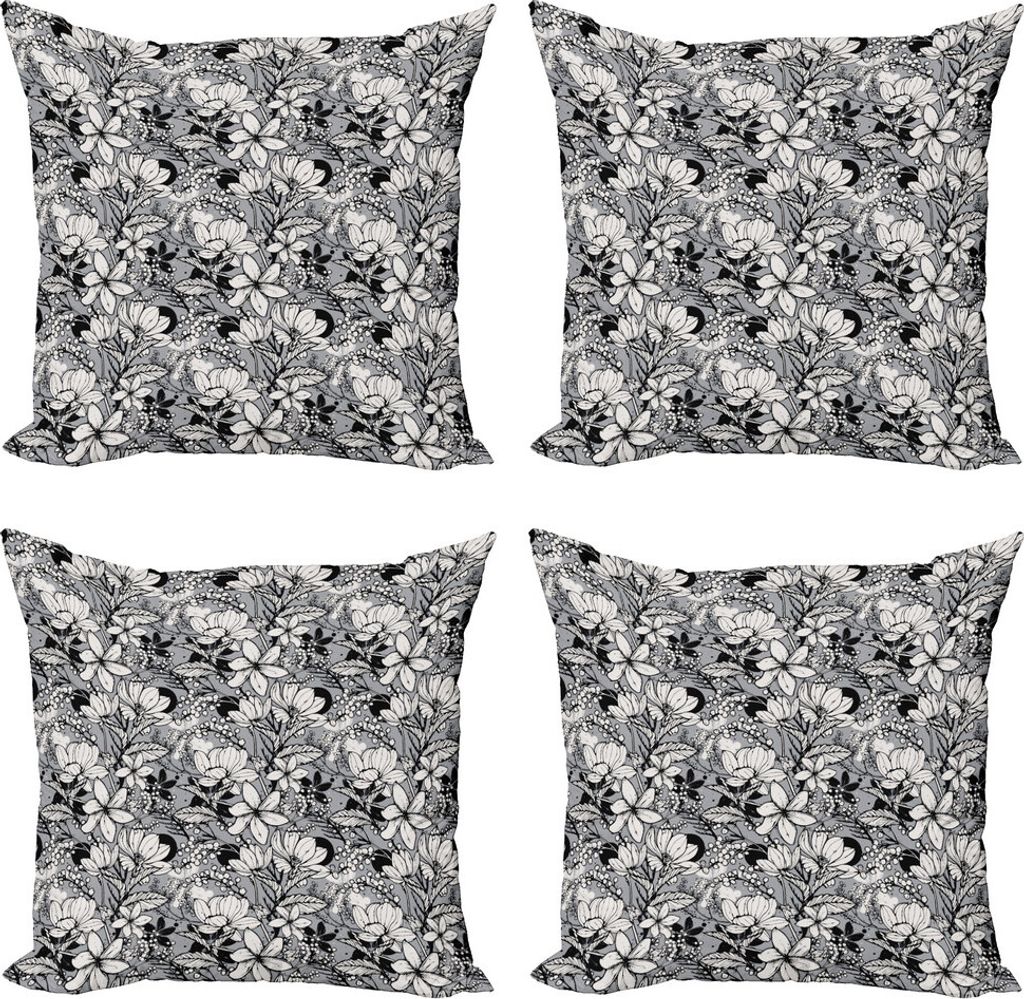 ABAKUHAUS Garten-Kunst Kissenbezug Set (4 Stück), Frangipani Mimosa Lotus, Moderner Doppelseitiger Digitaldruck, 60 cm x 60 cm, Schwarz Weiß Hell...