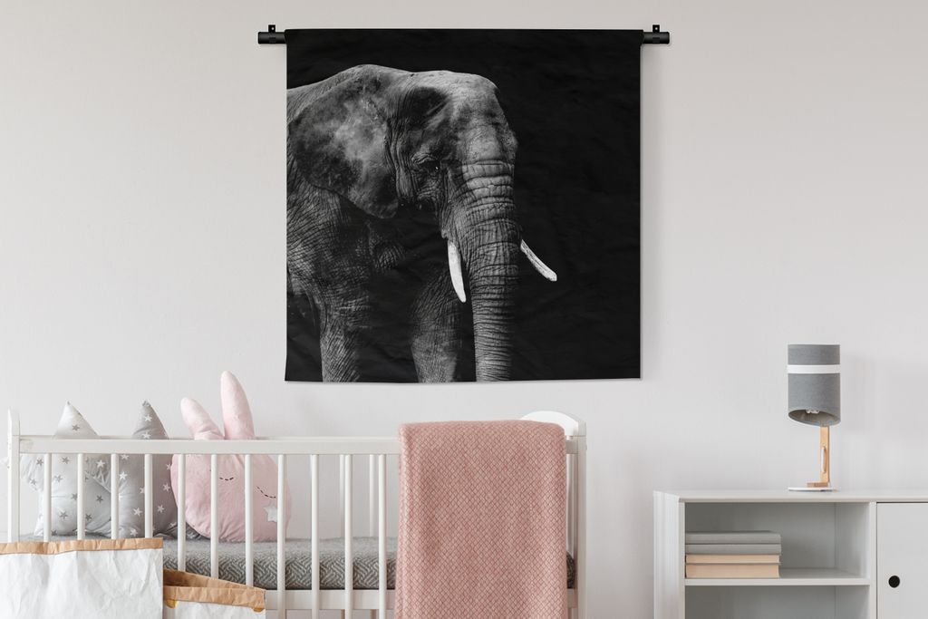 MuchoWow Wandteppich Wandbehang Elefant - Tiere - Schwarz - Weiß 90x90 cm Tapisserie Dekoration Wandtuch - Wandaufhänger