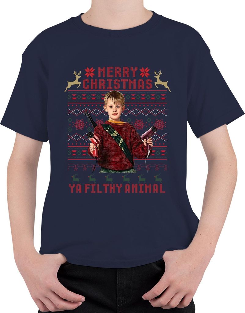 Merry Christmas Ya Filthy Animal Weihnachten Kevin Kult Humor Uni Kinder T-Shirt, Navy, 128