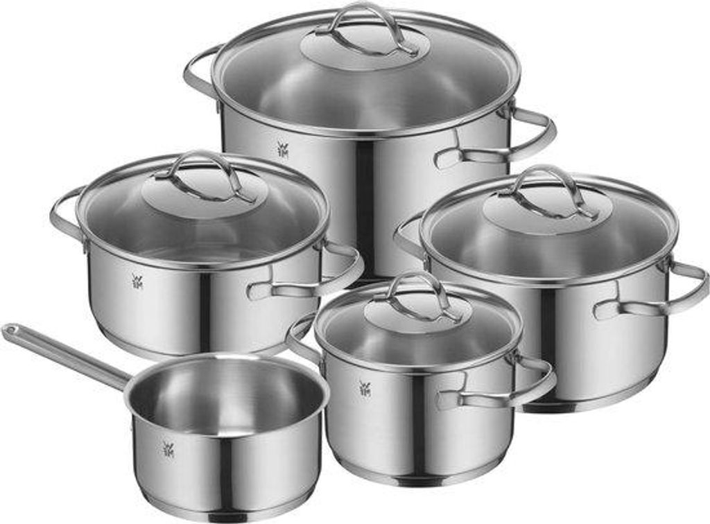 Induktions-Pannenset 5-teilig Cromargan 18/10 RVS, 3 hohe und 1 niedrige Pfanne, 16 cm und 20 cm Durchmesser, Glaskochfeld.
