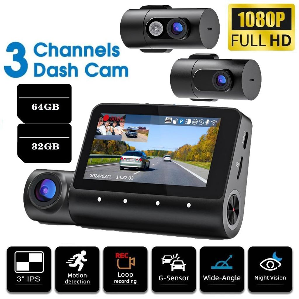 3 Kanal Dashcam Auto Vorne Hinten Innen,4K+1080P+1080P, 5GHz WiFi Autokamera,3" IPS-Bildschirm 32&64GB