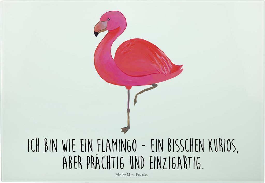 Mr. & Mrs. Panda Glas Schneideplatte Flamingo Classic - Weiß - Geschenk, Rosa, Schneidebrett, Frühstücksbrett, Brotzeitplatte, Vesperplatte, Pr...