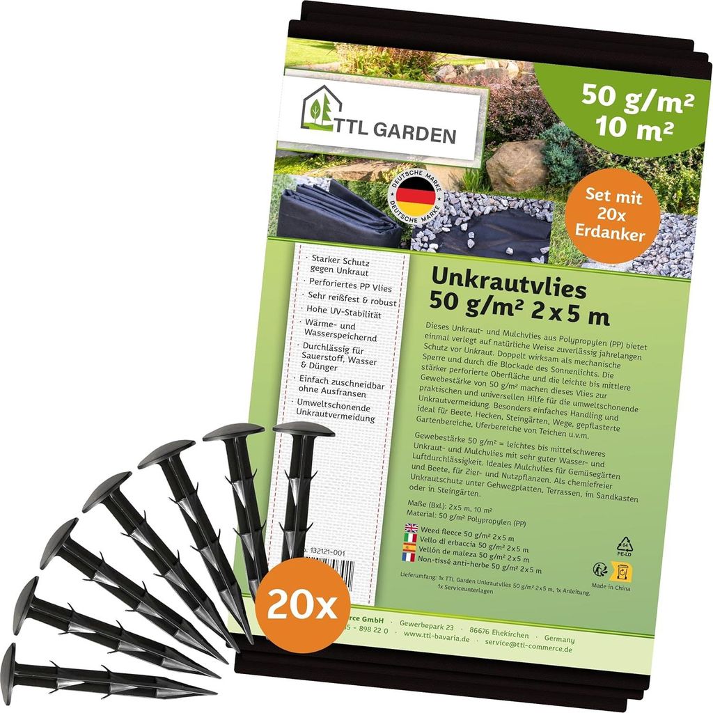 TTL Garden Unkrautvlies 50g/m² 2x5m inkl. 20 Erdanker – Produktbild 