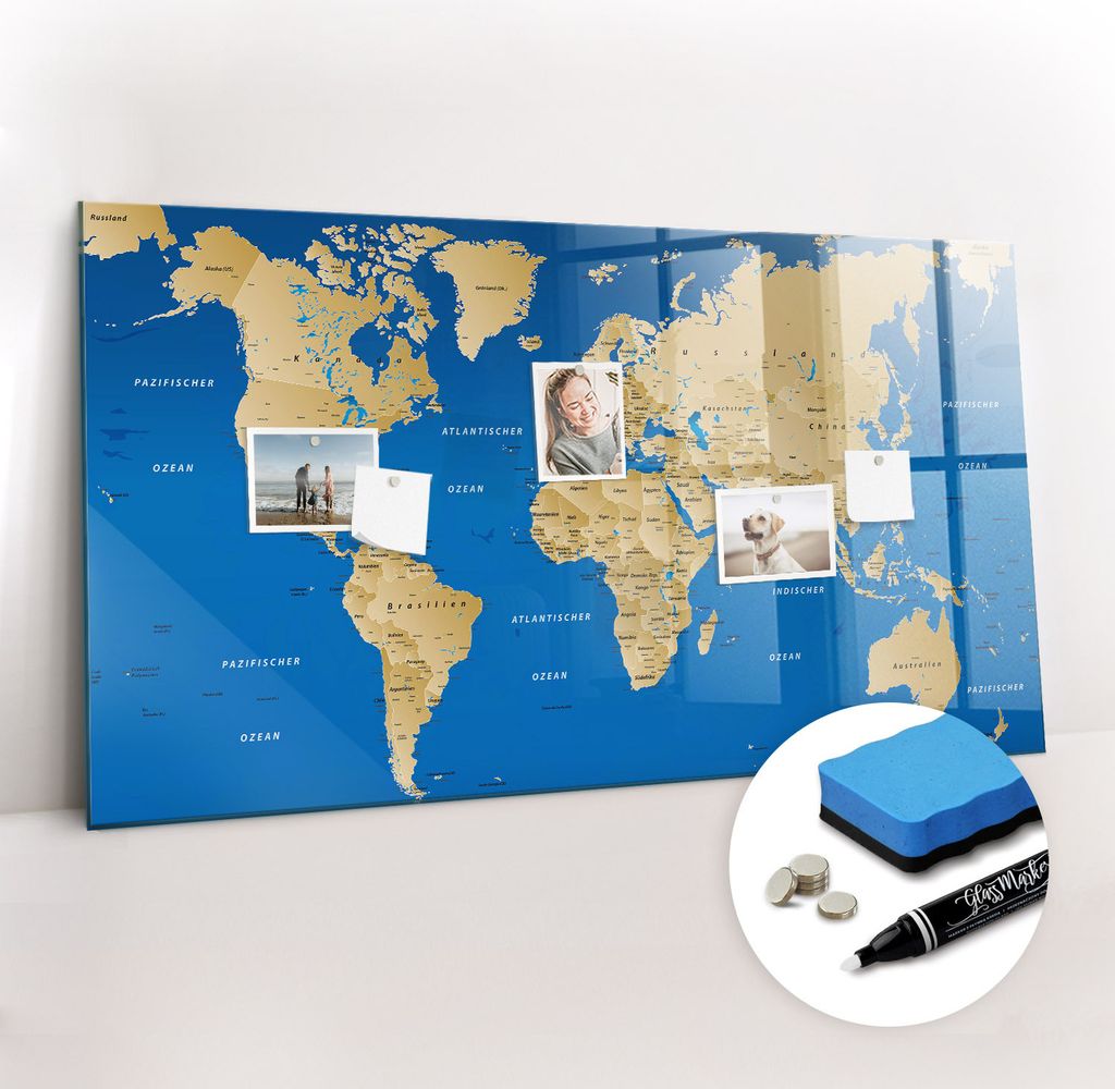 Magnetpinnwand Memoboard - Zubehörsatz - Weißer Marker + Schwamm + Magnete - 120 x 60 cm - Länder der Welt