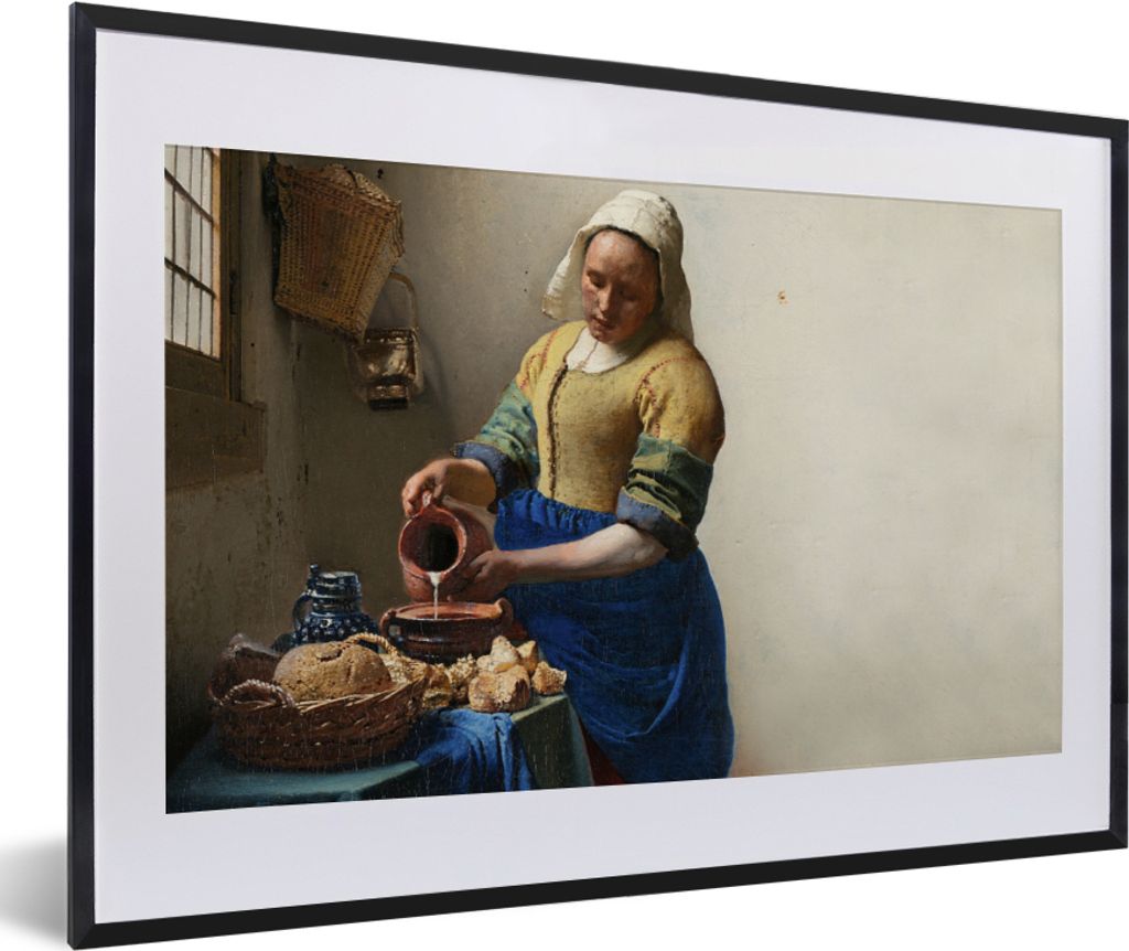 MuchoWow Gerahmtes Poster Das Milchmädchen - Kunst - Alte Meister - Vermeer 60x40 cm - Poster mit Schwarzem Bilderrahmen Wandposter Rahmen Foto ...