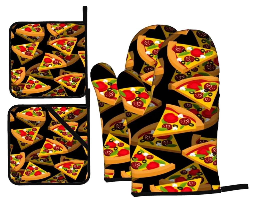 Pizza-3D-Ofenhandschuhe und Topflappen, Set mit 4 rutschfesten Grillhandschuhen, hitzebeständig für Küche, Kochen, Backen, Grillen