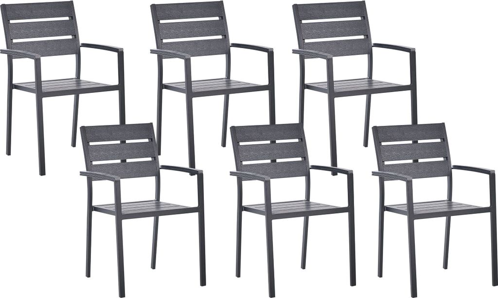 BELIANI Gartenstuhl 6er Set Schwarz Kunstholz und Aluminium Stapelbar mit Armlehnen Modernes Design Sitzmöbel Outdoor Terrasse Balkon Ausstattung ...