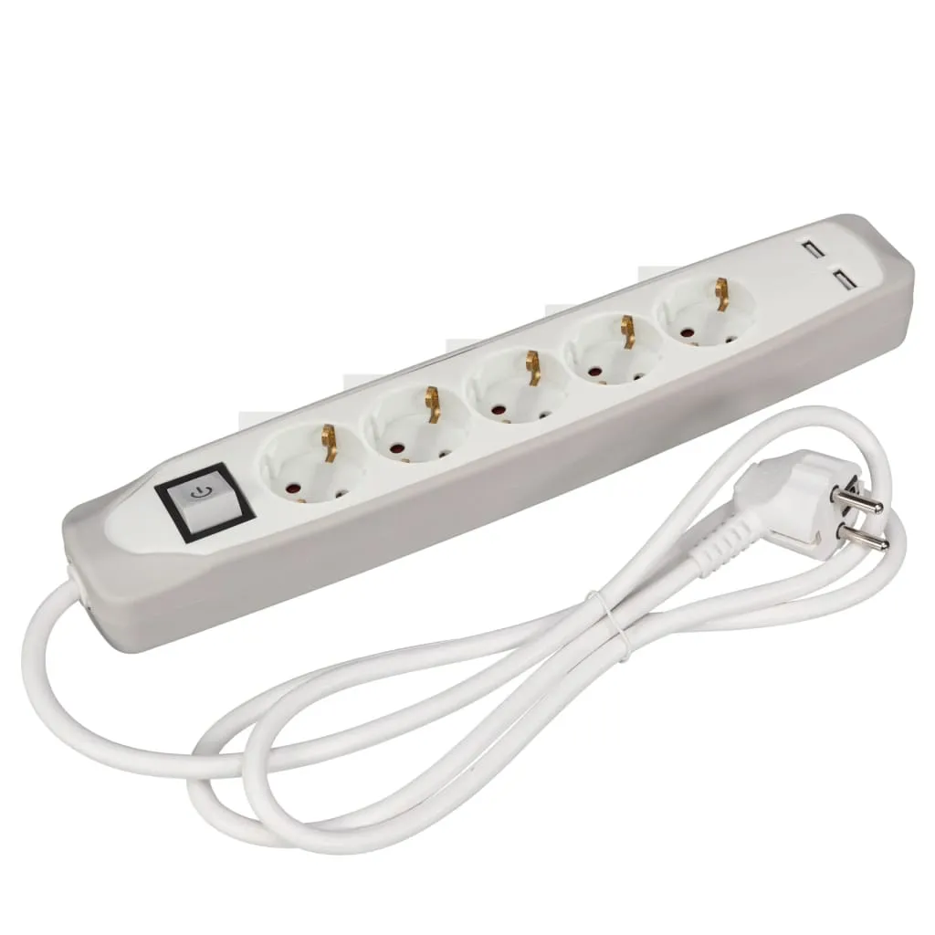 Prise de courant pour bureau 5 fiches et 2 USB Perel pour informatique