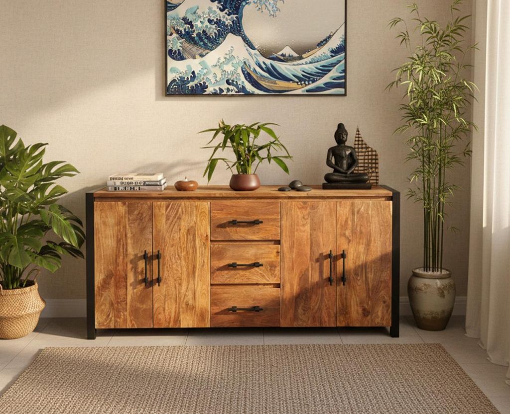 OPIUM OUTLET Möbel Sideboard TV-Kommode Schrank Anrichte Wohnzimmer Esszimmer Mango-Holz massiv Metallrahmen Vintage asiatisch indisch orientalisch
