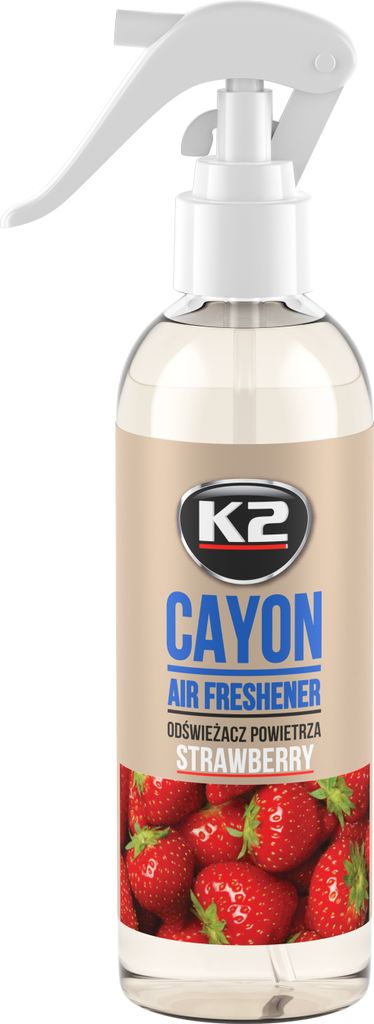 A spray bottle of air freshener with a strawberry scent.