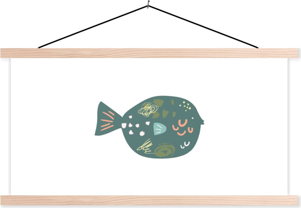 MuchoWow Textilposter Fisch - Pastell - Grün 120x60 cm mit holzfarbenen Rahmen - Klemmleiste