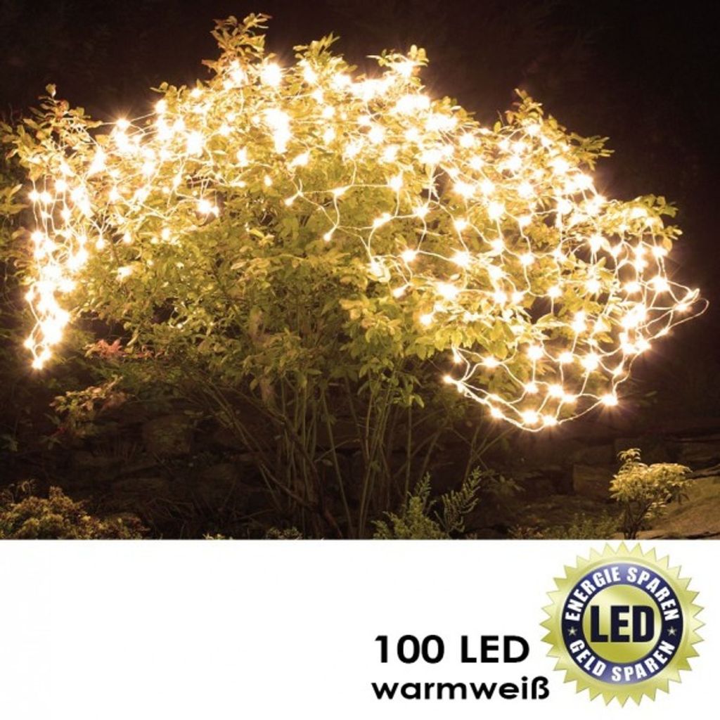 100 LED Lichternetz warmweiß batteriebetrieben Timer Innen + Außen 150x150 cm