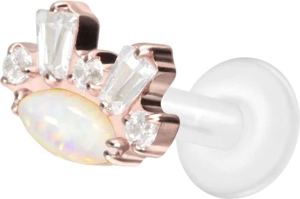 Ohrpiercing, Nasenpiercing PTFE Labret mit Innengewinde + Titan-Aufsatz SYNTHETISCHER OPAL+ KRISTALLE RoséGold Stablänge: 7mm | Stabstärke: 1,6mm