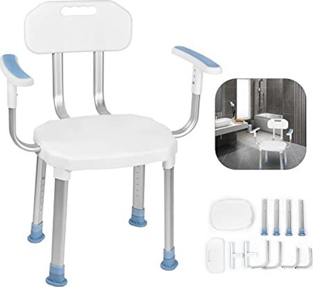 NAIZY Duschhocker für Senioren Duschstuhl mit Armlehnen und Rückenlehne Duschsitz höhenverstellbar Badezimmerhocker Badewannenhocker Duschbank, ...