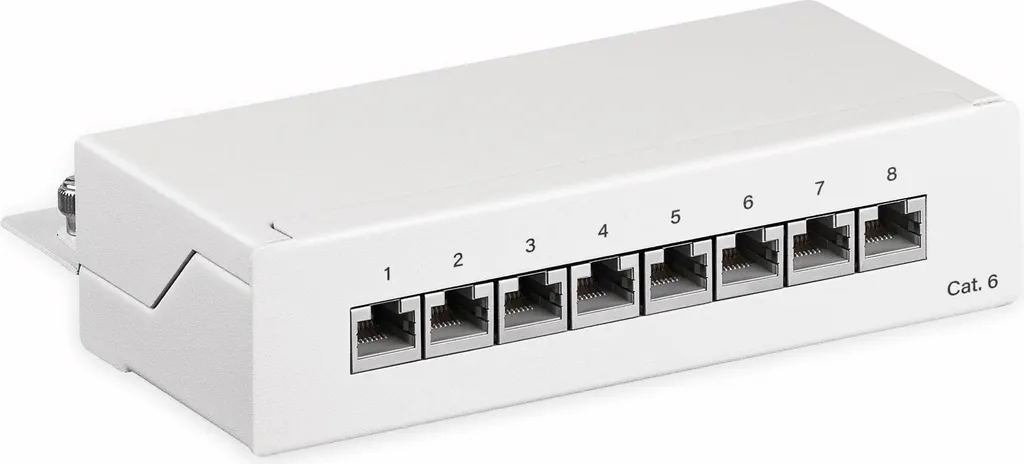 Goobay 62069 Pannello patch CAT 6 Mini/Desktop, 8 porte, bianco - schermato STP, bianco