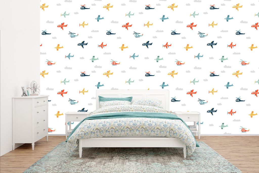 MuchoWow Fototapete für Wohnzimmer oder Schlafzimmer Wandtapete Vinyl Motivtapete Schnittmuster - Hubschrauber - Flugzeug - Jungen - Kinder - Ki...