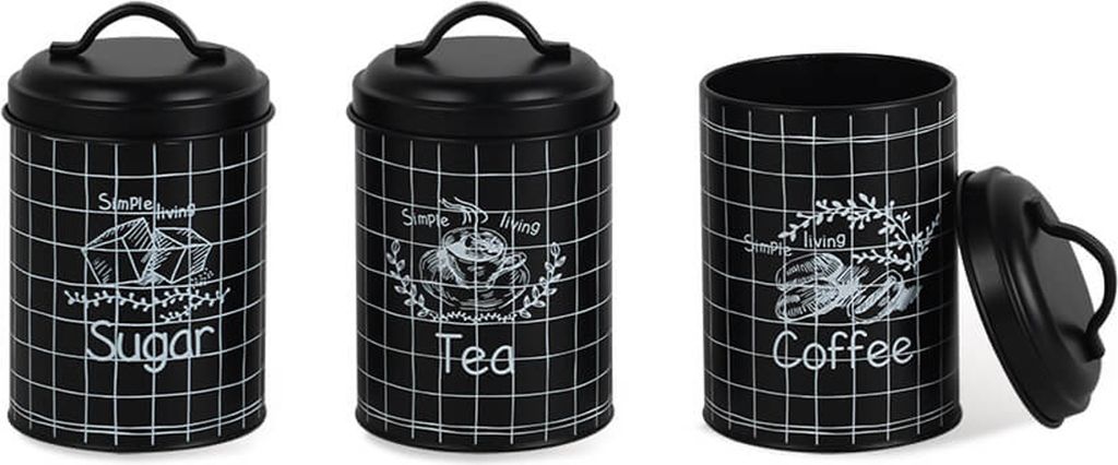 3er Vorratsdosen Set Aufbewahrungsdosen aus Metall Dose Zucker Kaffee Tee Küchenbehälter Sugar Coffee Tea 3x Ø11,8 x 18,8cm Schwarz