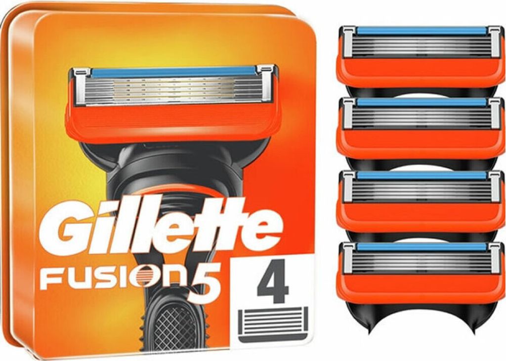 A package of Gillette Fusion 5 razor blades and a razor handle.