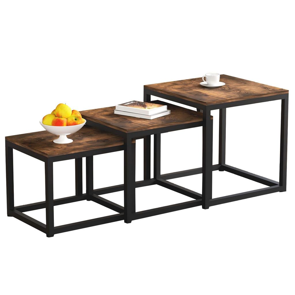 WAOHO Couchtisch 3 Stücke Beistelltisch Quadrat,Couchtisch aus MDF,Satztisch mit Metallrahmen, Sofatisch, Schlafzimmer & Büro,Kaffeetisch, Lapt...
