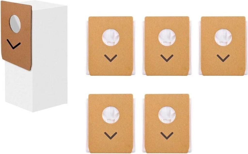 A white box with a brown paper dust bag attached to its side, and five identical brown paper dust bags arranged in two rows to the right.