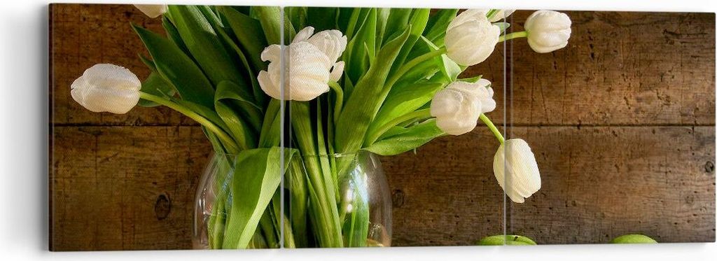 Bild auf Leinwand - Leinwandbild - Tulpen Apfel Blumenstrauß Frühling - 90x30cm - Wand Bild - Wanddeko - Leinwanddruck - Bilder - Kunstdruck - Le...