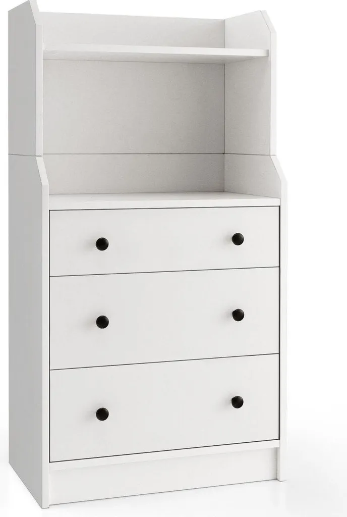 Commode blanche 3 tiroirs sécurisée avec étagères de rangement ouvertes