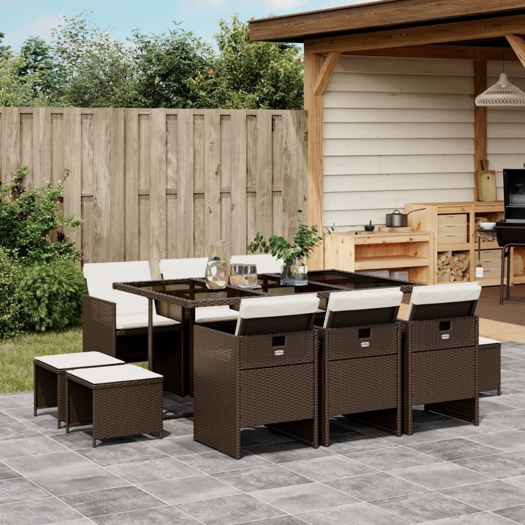 Design Gartenmöbel Set Balkonmöbel-Set 11-tlg. Garten-Essgruppe mit Kissen Braun Poly Rattan - Gartenmöbelgarnituren 2025 Neu5742862 4parcel