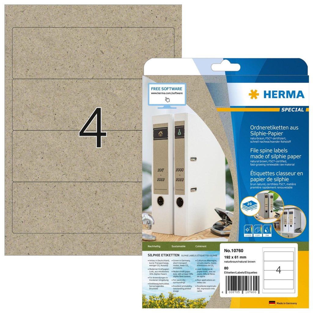 HERMA 10760, Braun, Rechteck, Permanent, 192 x 61 mm, A4, Papier