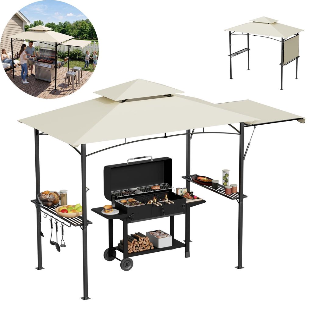 XINZI BBQ Unterstand Grillpavillon mit Seitenvordach & Doppeldach, UV-beständiger Stabiler Stahlrahmen für Garten & Terrasse (Beige)