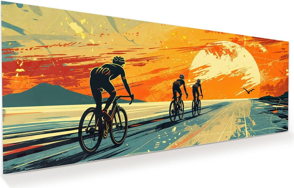 Glasbild 150x60cm in XXL für Wohnzimmer, Schlafzimmer Motiv Radfahrer Sonnenuntergang