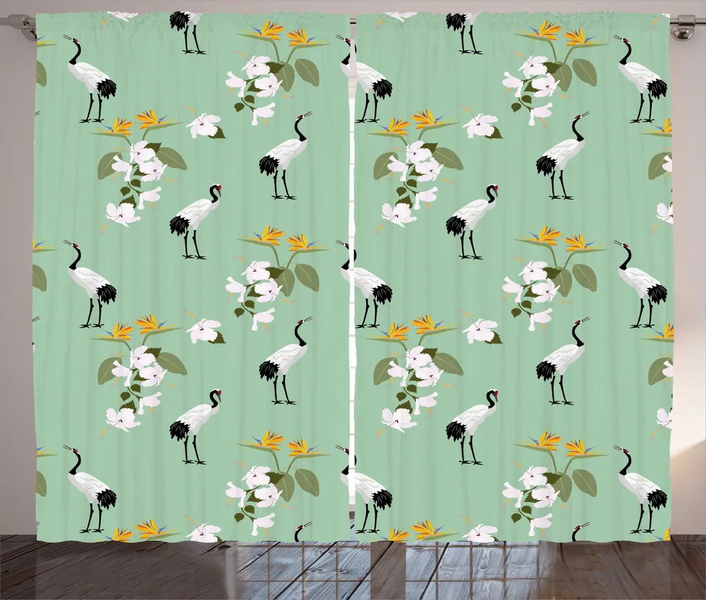 Rideaux de salon universels à motif fleurs et grues - Vert amande