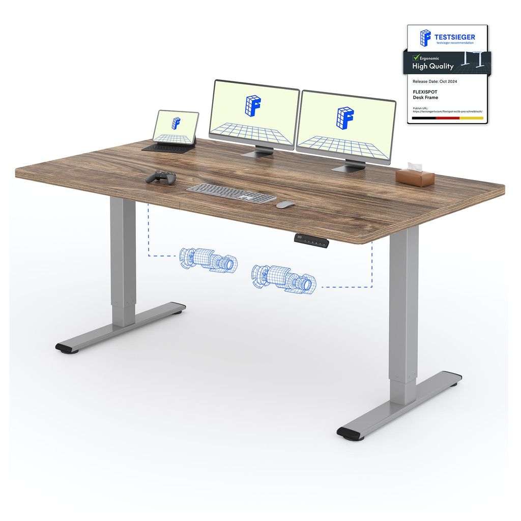 A modern, height-adjustable desk with a wooden top, dual monitors, and a laptop.