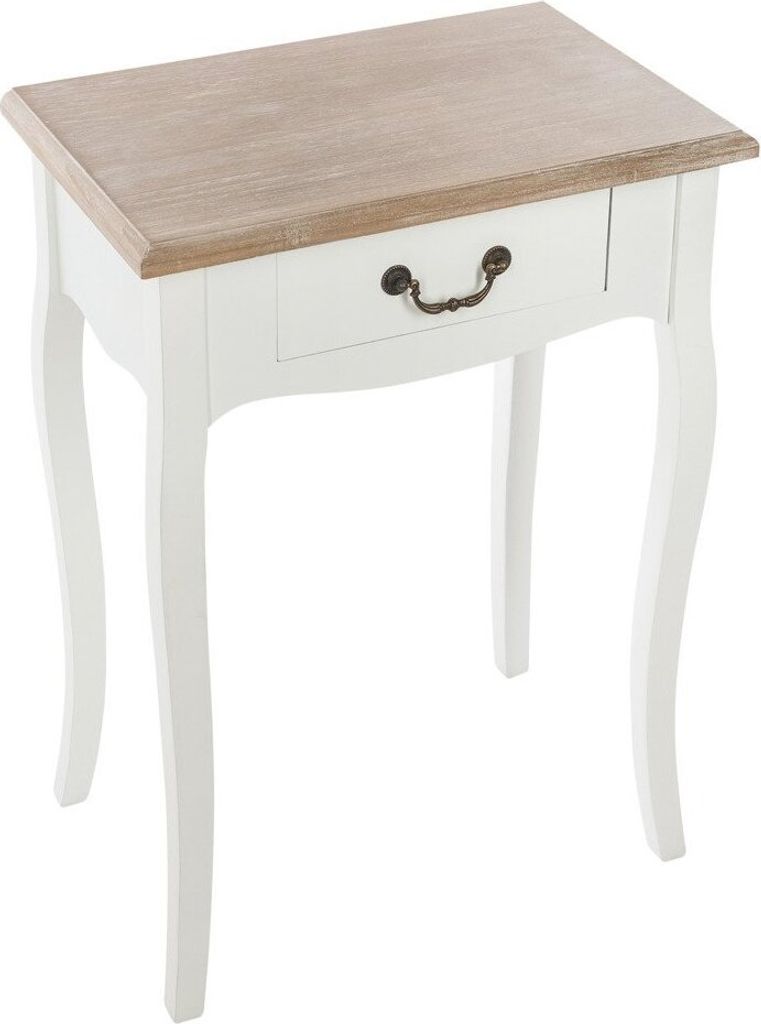 A white bedside table with a wooden top and a single drawer with a dark metal handle, shown against a white background.