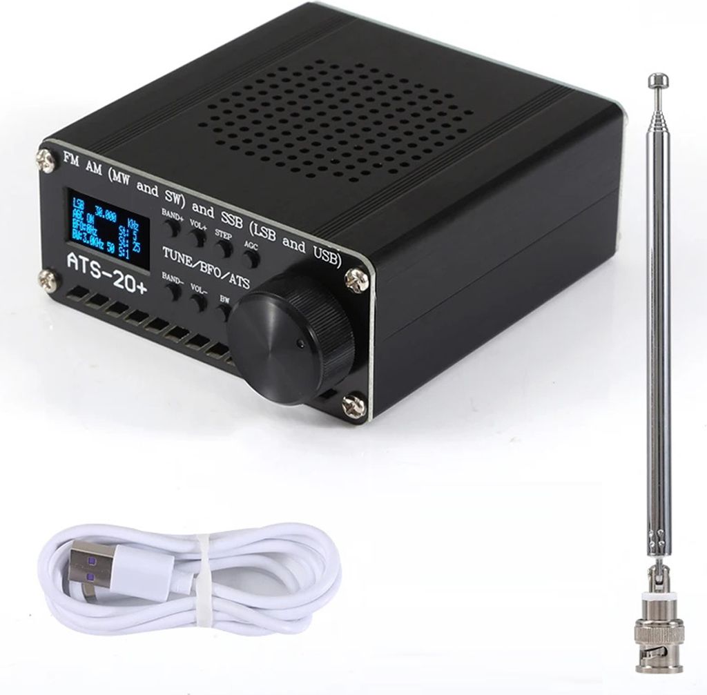 A black radio receiver with a telescopic antenna and a USB cable, displayed on a white background.
