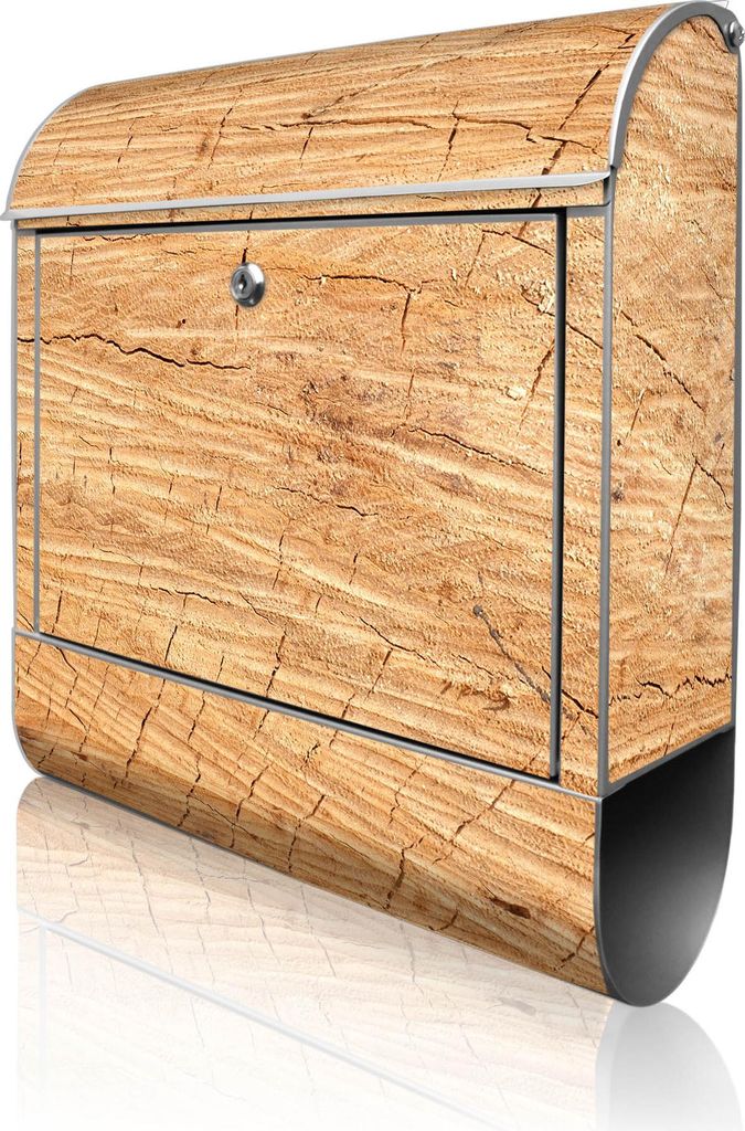 banjado Design Briefkasten Stahl silber mit Zeitungsfach pulverbeschichtet "Holz Struktur Honig" 38x46x12,5cm & 2 Schlüssel - Postkasten A4 Einwur...