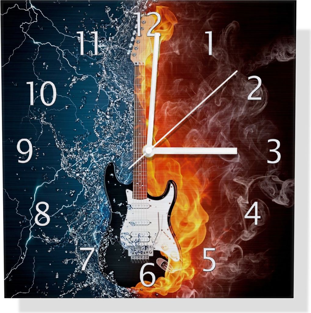 Wallario Design Wanduhr Feuer-Wasser-Gitarre aus Aluverbund, Größe 30 x 30 cm