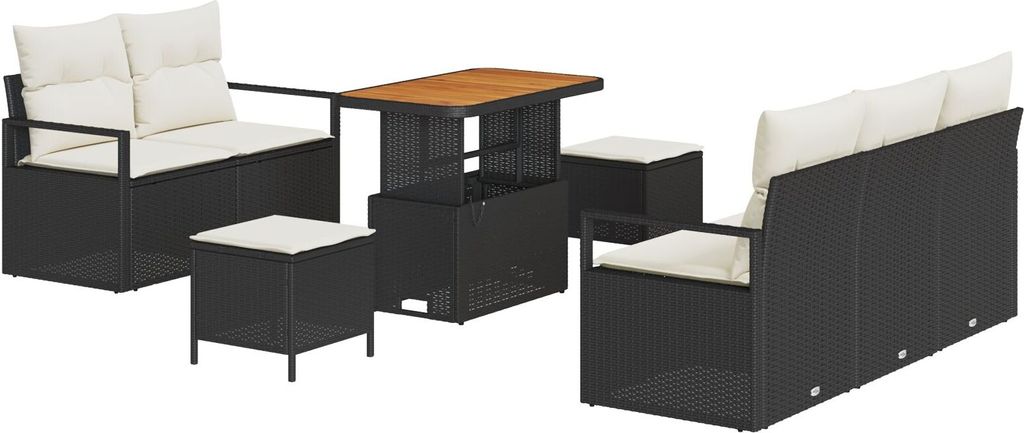 Möbel-Stil 8-teiliges Garten Sofa Set mit Kissen aus schwarzem Poly Rattan Akazie, 2-Sitzer Garten Sofa mit Kissen aus schwarzem Poly Rattan, 3-te...