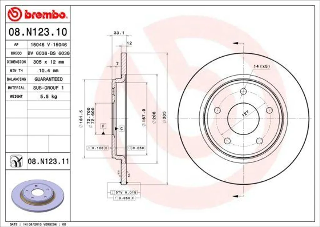 Disque de Frein Brembo 08.N123.11 Idéal pour Entretien Fiat Freemont