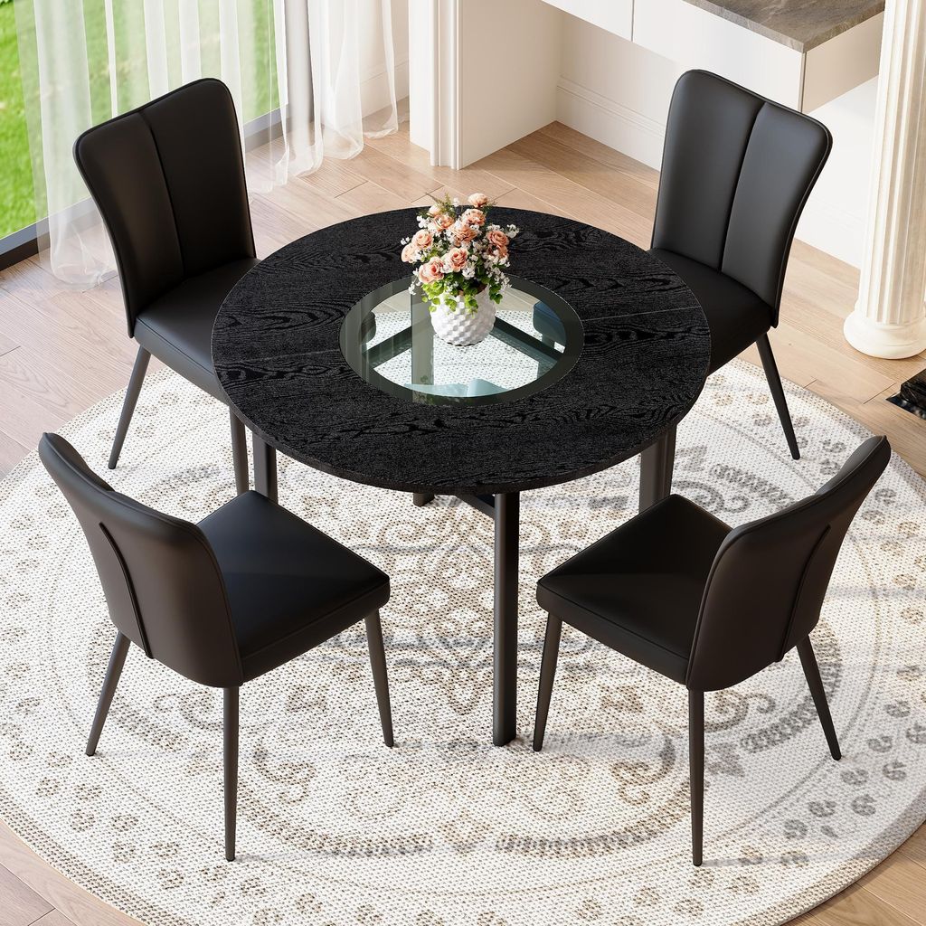 STILVORA Rundtisch-Set mit 100cm Tischplatte in schwarzer Holzoptik und 4 Sesseln mit schwarzen Metallbeinen, Esstisch mit 2,5cm Tischplatte und 52...