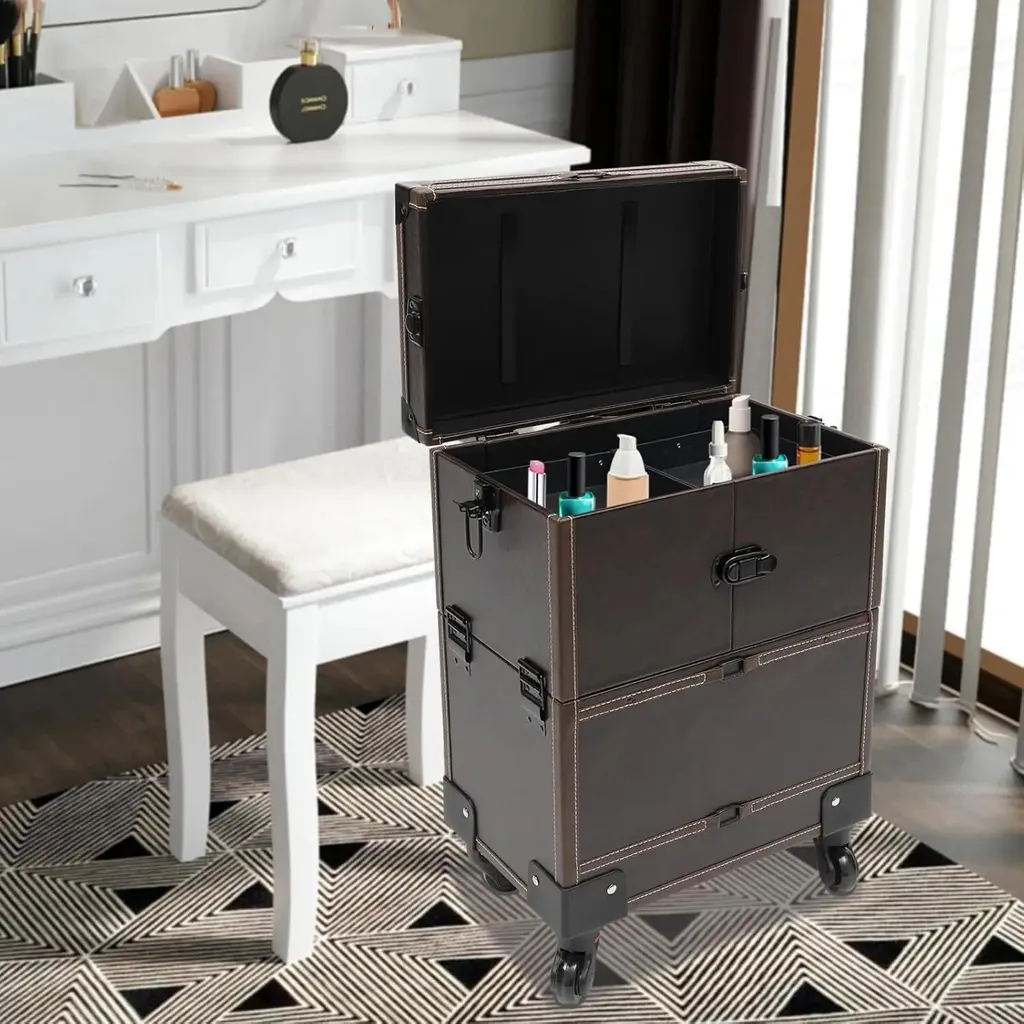 Valise à maquillage 4 roues pivotantes et poignée télescopique en cuir PU - 7