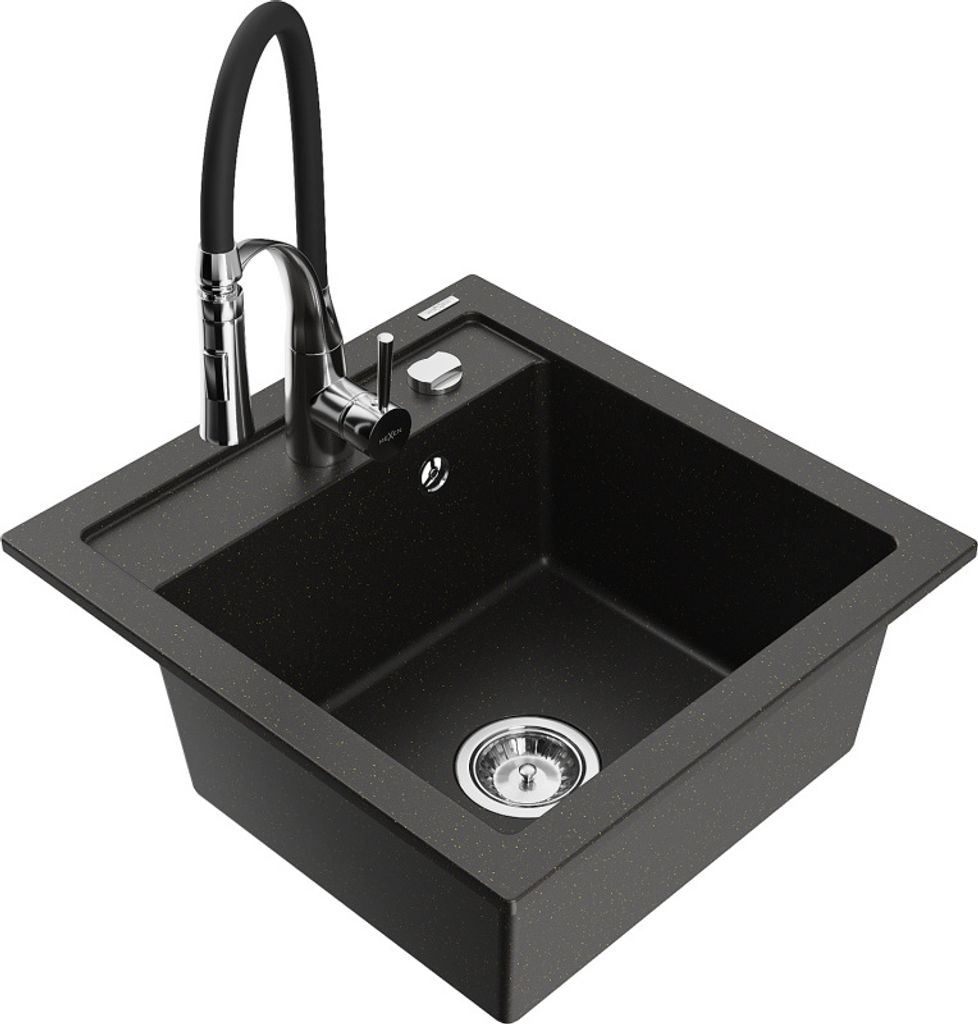 Mexen Vito 1-Becken-Granit-Spüle mit Mischbatterie Aster, Schwarz/Gold metallisch- 6503-75-73450-07