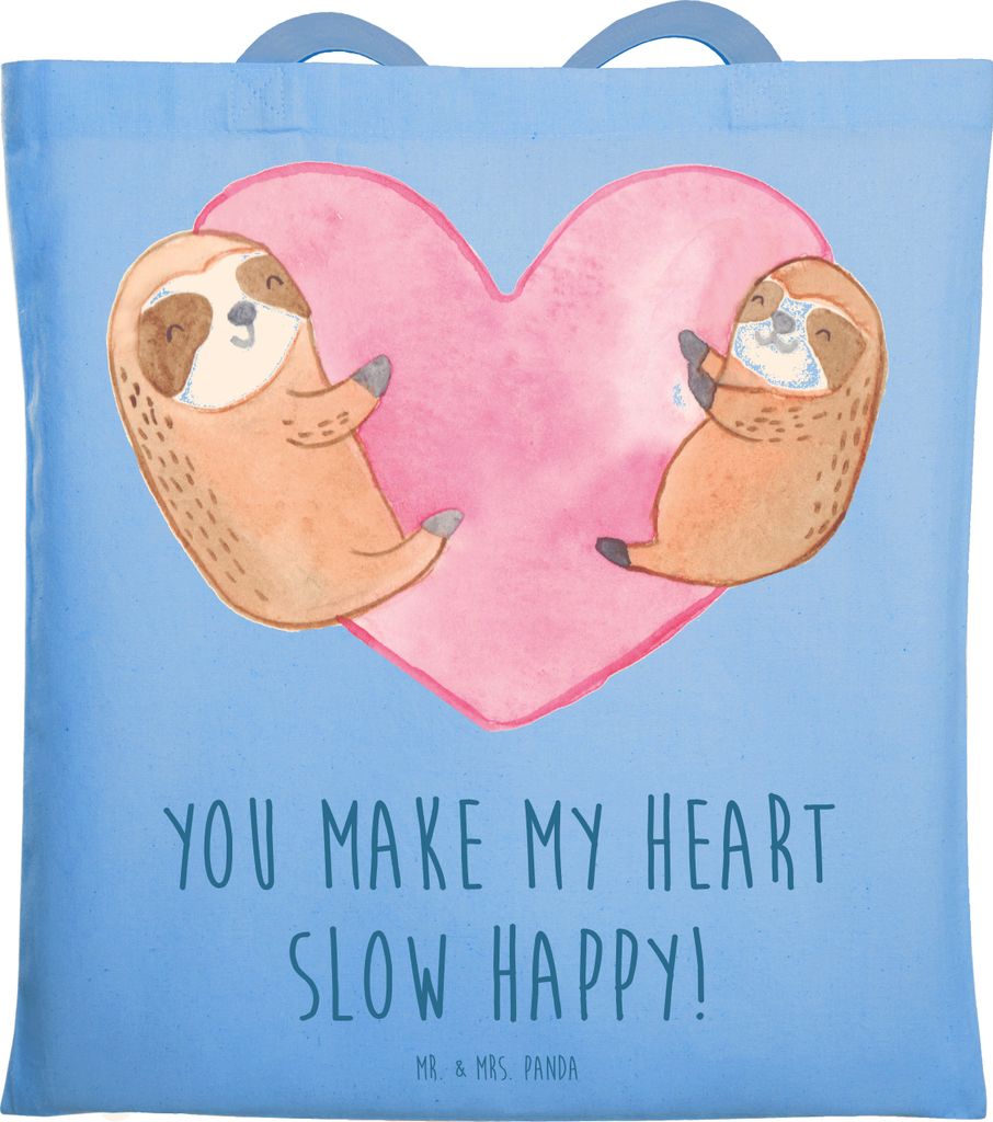 Mr. & Mrs. Panda Tote Bag Faultiere Herz - Sky Blue - Geschenk, für Freundin, Unitasche, Schultasche, Mitbringsel, Hochzeitstag, Valentinstag, Tra...